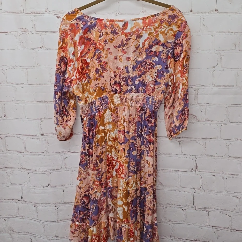 Myra Bag V-Neck A-Line Orange Purple Floral Elastic Waist Dress Womens Size L - Picture 9 of 16